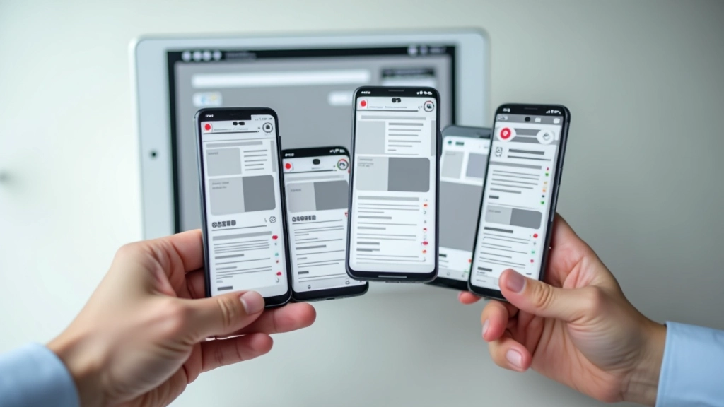 Personne tenant plusieurs téléphones et tablettes de différentes tailles pour tester une application web sur chaque appareil simultanément