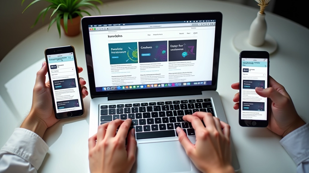 Clavier d'ordinateur avec plusieurs appareils mobiles autour affichant la même page web avec des layouts différents mais alignés